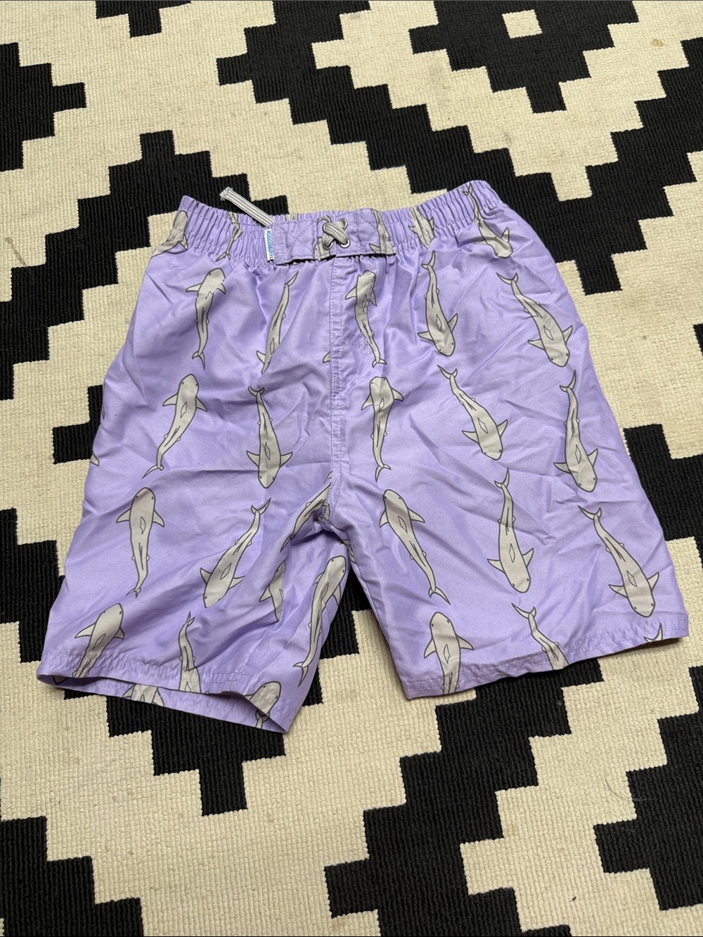 Boys Lavender Swim Trunks with Shark Print